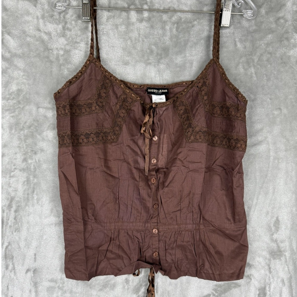 GUESS JEANS Brown Lace Trim Button‎ Front Peplum Tank Top M
